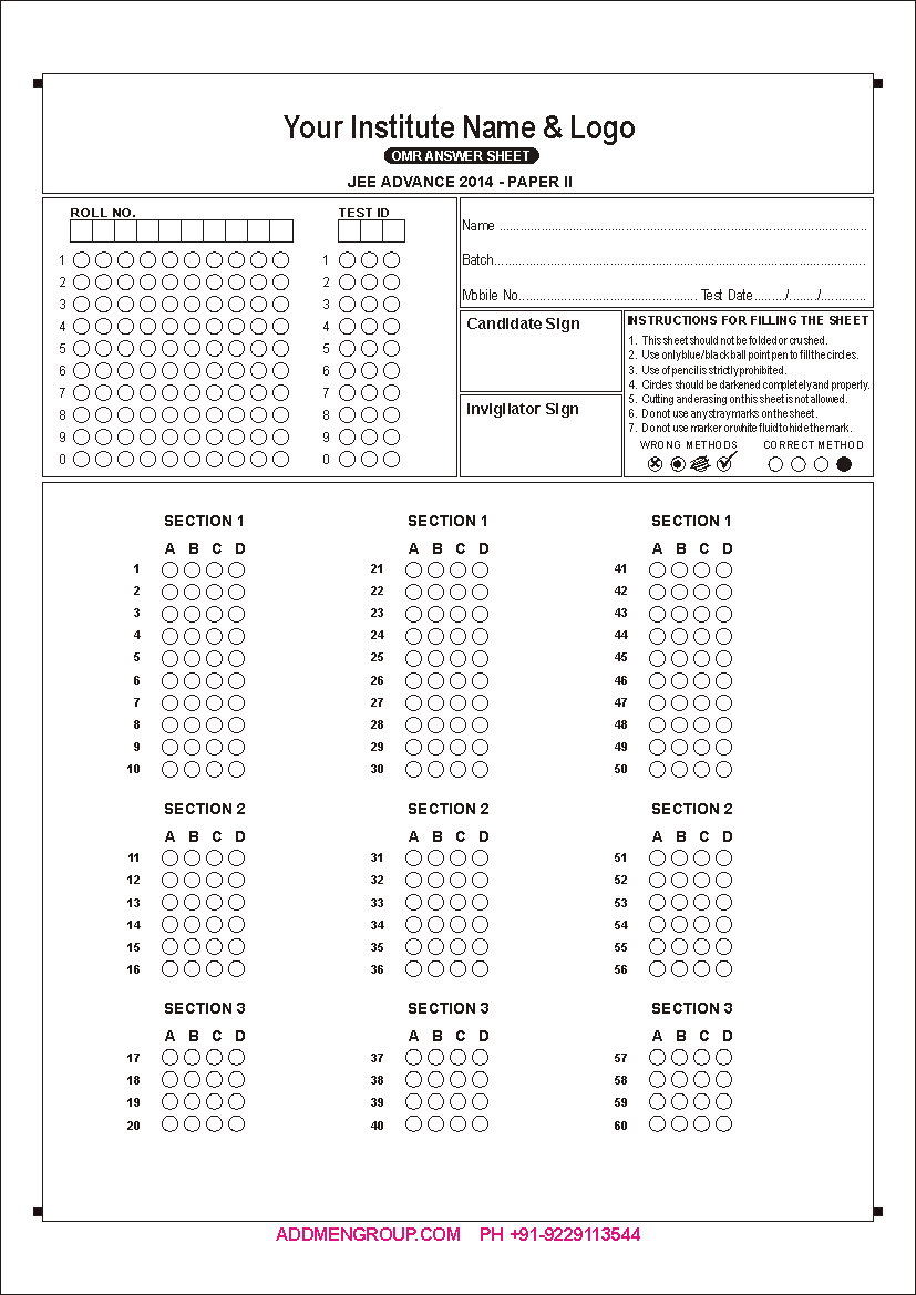 OMR Assessment Sheet for IIT JEE Exam practice
