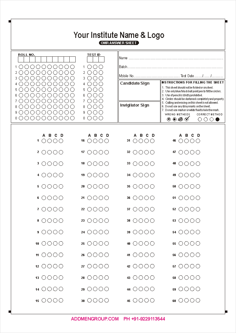 printable scantron sample Sheet OMR 60 Sample Question